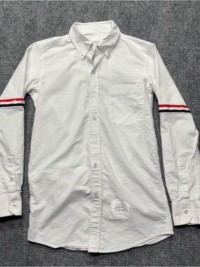 Thom Browne Shirt Men 0 XS White Tricolor Stripe Armband Sleeve Button Up Cotton